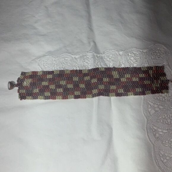 Vintage Handmade Seed Bead Copper Tone Patchwork Bracelet - Picture 2 of 13